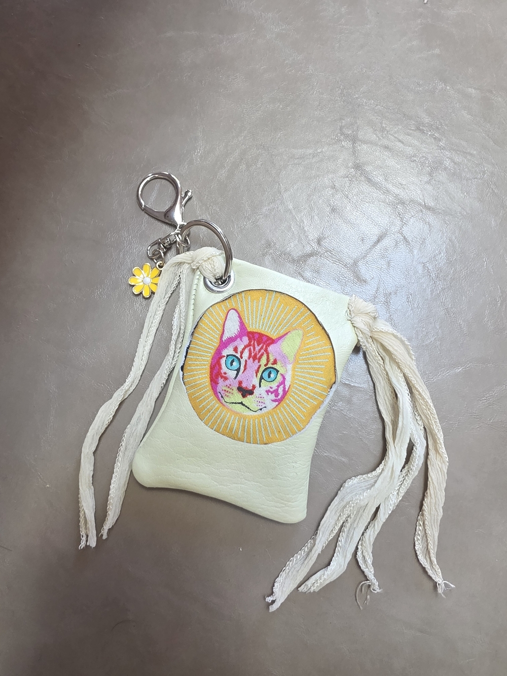 Cream Tassel Key Pouch with Colorful Cat Patch Leather And Silk